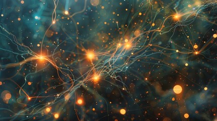 Wall Mural - Delicate, wispy lines connect glowing orbs of light, resembling a network of fireflies dancing in the night.