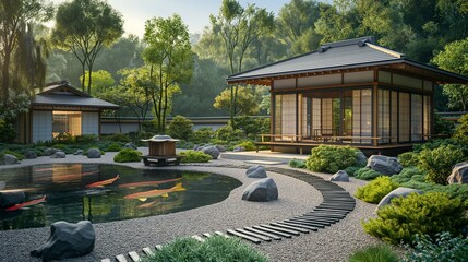 Wall Mural - A serene Zen garden with traditional Japanese architecture, including a tea house, koi pond, and meticulously raked gravel paths. 32k, full ultra hd, high resolution