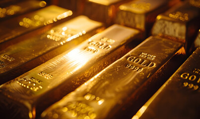 Close-up of gold bars with intricate engravings, reflecting ambient light, symbolizing luxury and stability