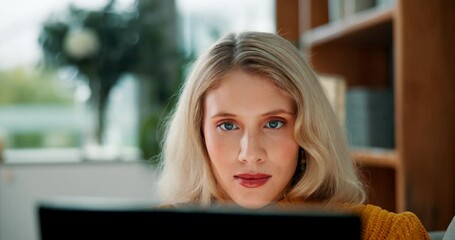 Aufkleber - Remote work from home, employee and woman with laptop, internet and connection with website info or reading. Apartment, copywriting or freelancer with pc, research for project or email notification