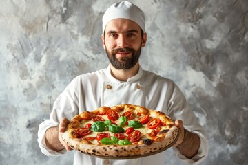 Poster - Authentic Delight: An Italian Pizzaiolo Presents a Fresh Hot Pizza, Just Out of the Oven, Highlighting Traditional Italian Culinary Craft. Grey Background.