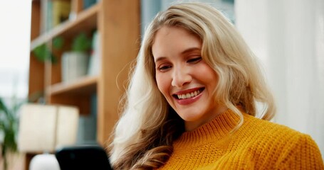 Poster - Happy, home and woman with phone on sofa for online chatting, communication and networking. Relax, apartment and person on smartphone for social media, funny website and internet joke in living room