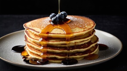 Wall Mural - Golden Buttermilk Pancake Stack with Fresh Blueberry Garnish and Maple Syrup Drizzle