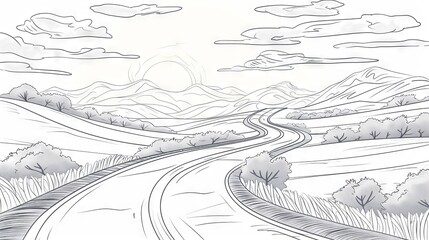 Clean line sketch of a road winding through scenic countryside, representing road trips and adventure.