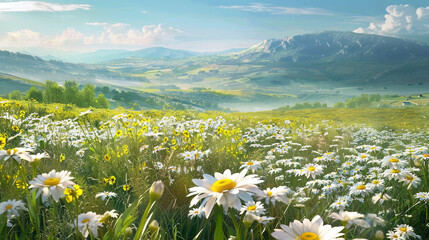 Wall Mural - a field of white daisies and yellow flowers, generative AI