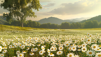 Wall Mural - a field of white daisies and yellow flowers, generative ai