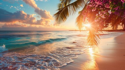 View of luxury tropical beach during sunset. Tourism and travel.