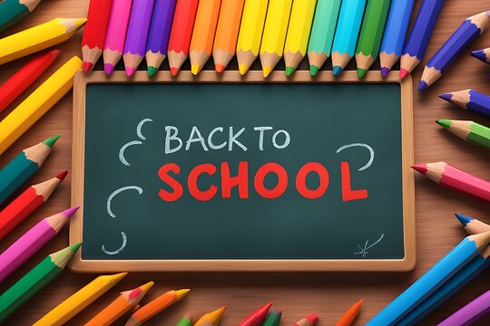 Vibrant Back to School chalkboard sign with colorful pencils, celebrating new school year

