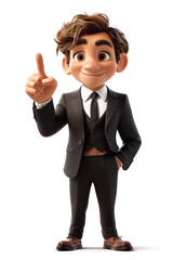 Poster - Cartoon Cute Businessman Points a Finger at an Empty Place on a white background. Generative AI