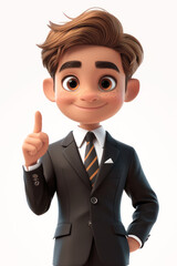 Poster - Cartoon Cute Businessman Points a Finger at an Empty Place on a white background. Generative AI