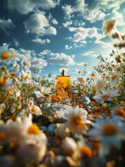 Poster - there is a bottle of perfume sitting in a field of flowers