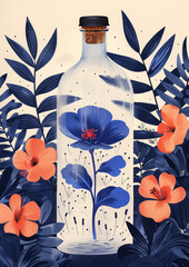 Sticker - there is a bottle with a flower inside of it surrounded by flowers