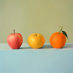 Wall Mural - there are three oranges and an apple on a table
