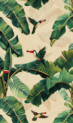 Poster - there are many birds flying around a banana tree with leaves