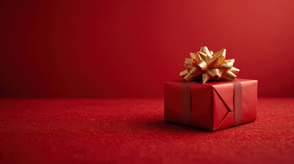 Poster - Red Gift Box with Ribbon and Bow on a Red Background extreme closeup. Generative AI