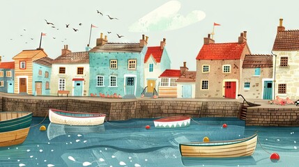 Wall Mural - Illustrated journal filled with charming drawings of quaint fishing villages and coastal landscapes.