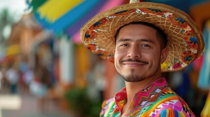 Cheerful Young Man in Colorful Traditional Mexican Attire and Sombrero Smiling in a Vibrant Market Setting
