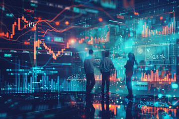 Aufkleber - A group of people are standing in front of a building with a large screen displaying financial data. Scene is one of anticipation and excitement as the group looks at the data