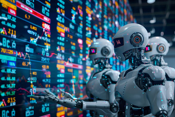 Aufkleber - A robot is looking at a computer screen with a lot of numbers and graphs. The robot is wearing a helmet and he is focused on the screen. Concept of technology and artificial intelligence
