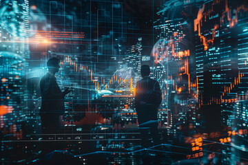 Aufkleber - A group of people are standing in front of a building with a large screen displaying financial data. Scene is one of anticipation and excitement as the group looks at the data