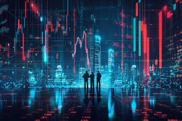 Aufkleber - A group of people are standing in front of a building with a large screen displaying financial data. Scene is one of anticipation and excitement as the group looks at the data