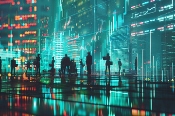Aufkleber - A group of people are standing in front of a building with a large screen displaying financial data. Scene is one of anticipation and excitement as the group looks at the data