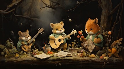 Wall Mural -  cartoon otters in the image. They are playing guitars and singing. The otters are in a forest setting.
