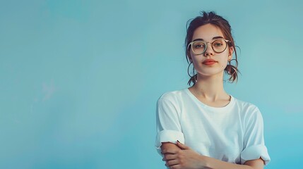 Happy millennial woman in glasses posting with, looking at camera, smiling. Confident female customer, young student girl, professional head shot portrait, on solid colored background