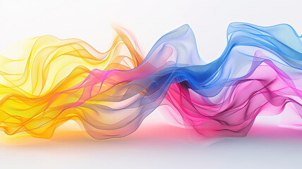 Abstract blue, yellow and pink shapes in the form of wavy ribbons on white background