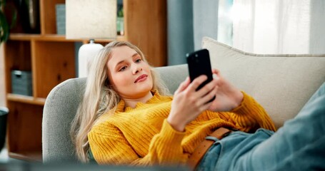 Poster - Home, chill and woman with phone on sofa for online chatting, communication and networking. Relax, apartment and person on smartphone for social media, website and internet videos in living room