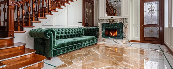 Wall Mural - Luxurious living room with a forest green velvet sofa, a marble fireplace, and a polished marble floor. The staircase has a classic design with ornate wooden railings.