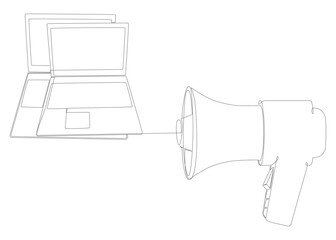 Poster - One continuous line of Laptop with Megaphone. Thin Line Illustration vector concept. Contour Drawing Creative ideas.