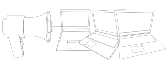 Poster - One continuous line of Laptop with Megaphone. Thin Line Illustration vector concept. Contour Drawing Creative ideas.