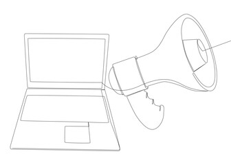 Poster - One continuous line of Laptop with Megaphone. Thin Line Illustration vector concept. Contour Drawing Creative ideas.