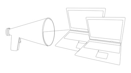 Poster - One continuous line of Laptop with Megaphone. Thin Line Illustration vector concept. Contour Drawing Creative ideas.