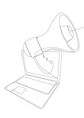 Poster - One continuous line of Laptop with Megaphone. Thin Line Illustration vector concept. Contour Drawing Creative ideas.