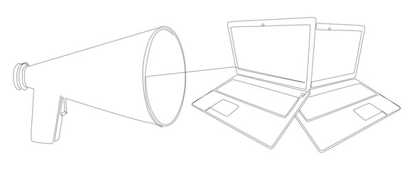 Poster - One continuous line of Laptop with Megaphone. Thin Line Illustration vector concept. Contour Drawing Creative ideas.