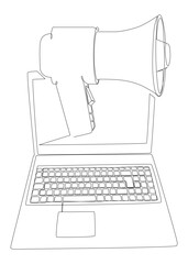 Poster - One continuous line of Laptop with Megaphone. Thin Line Illustration vector concept. Contour Drawing Creative ideas.