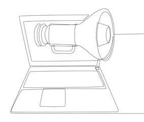 Poster - One continuous line of Laptop with Megaphone. Thin Line Illustration vector concept. Contour Drawing Creative ideas.
