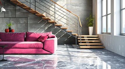 Wall Mural - Modern living room with a bright fuchsia sofa, a steel grey marble floor, and a contemporary metal staircase with wooden steps.