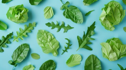 Wall Mural - Spinach and arugula paper leaves on blue backdrop Innovative plant based and artistic food display Top down perspective