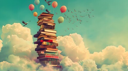 Wall Mural - book stack with rainbow in the sky