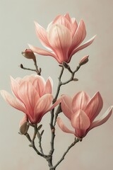 Wall Mural - Beautiful magnolia blossoms with a soft beige blurred background. 