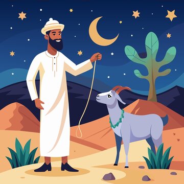 a muslim man celebrating eid al adha with a goat