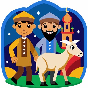 a muslim man celebrating eid al adha with a goat
