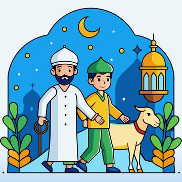 a muslim man celebrating eid al adha with a goat