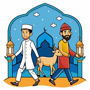 a muslim man celebrating eid al adha with a goat