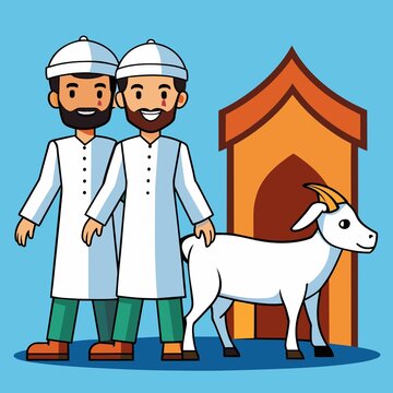 a muslim man celebrating eid al adha with a goat