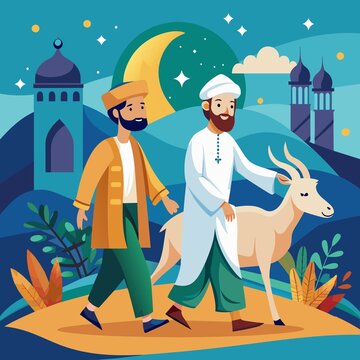 a muslim man celebrating eid al adha with a goat