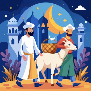 a muslim man celebrating eid al adha with a goat